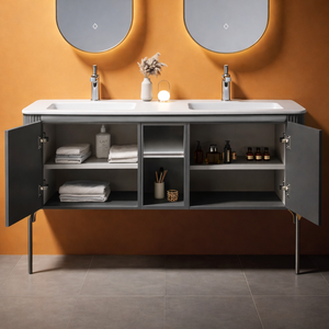 <span class=keywords><strong>Mobile</strong></span> da <span class=keywords><strong>Bagno</strong></span> Moderno con Specchio, Design a Due Ante, Gambe Robuste per Stabilità, Eleganti Accenti Dorati, Salvaspazio - Product Image 5
