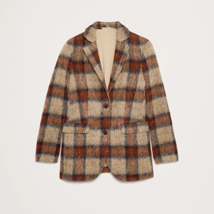 Blazer décontracté beige vintage en mélange de laine à carreaux marine, coupe décontractée, revers cranté, simple boutonnage, chaud et confortable pour l'automne et l'hiver - Product Image 1