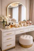Table de maquillage de luxe sur mesure avec miroir LED, meuble de rangement moderne pour chambre à coucher