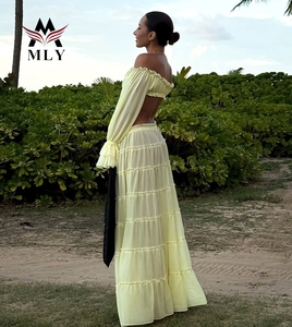 مخصص طويل الأكمام بدون حمالات أعلى محصول ملابس شاطئ مثير عارضة كشكش شاطئ التستر اللباس - Product Image 4