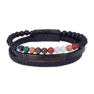 Men's Titanium Steel Leather <b>Bracelet</b> <b>Beaded</b> Magnetic Buckle Woven Genuine Leather 7.5 8.5 9 Inches Gift Jewelry - Product Image 4