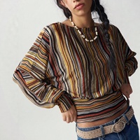 Chemisier ample en maille rayée à épaules dénudées et manches cloche longues en polyester pour femme, style bohème, collection automne, inspiré de la mode européenne et américaine