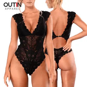 Bán buôn Hollow Out Đen lưới phụ nữ đồ lót sâu V Ren Lady Sheer xem qua bodysuit