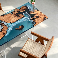 Table à manger en bois de noyer massif fait main avec plateau en résine époxy, base en acrylique transparent, pour la maison, le restaurant ou la villa