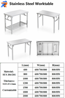 Table de travail pliable en acier inoxydable avec 4/6 pieds, table pliante portable pour cuisine commerciale et usage domestique, personnalisable