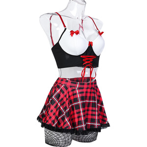 Ensemble de lingerie sexy à carreaux rouges tendance et très vendu, lingerie sexy à nœud croisé, uniforme de fille, ensemble quatre pièces - Product Image 1