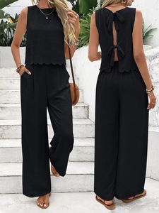 Ensemble décontracté deux pièces IStapromo pour femme : haut sans manches bleu marine et pantalon large, coupe ample, col rond, printemps-été - Product Image 2