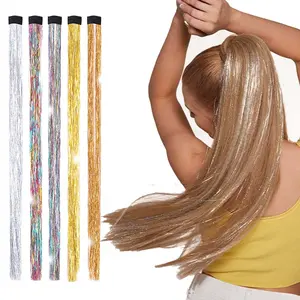 Shiny Sparkle Hair Tinsel Colorful Rainbow Silk Hair Extensions Women Hippie for Synthetic Braiding Hair Headdress