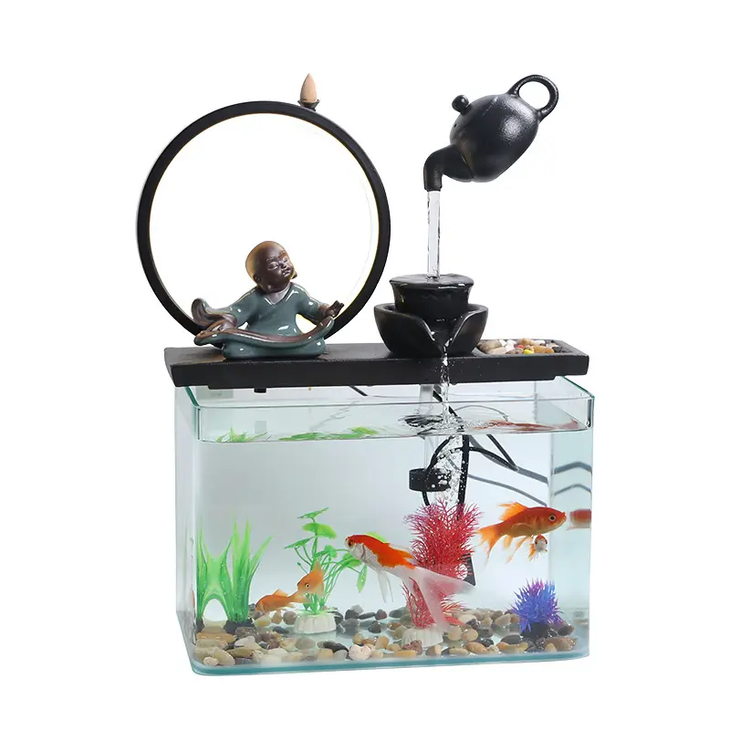 Ywbeyond Home Office Desktop Decor Ceramics Glass Fish Tank Water Fountain Indoor Circle Lamp Waterfall Incense Burner Backflow