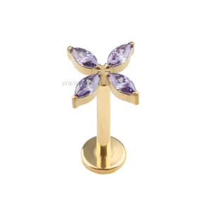 Bijoux de piercing de surface en zircon violet à base d'or rose, accessoires de bijoux géométriques aux quatre coins pour piercing