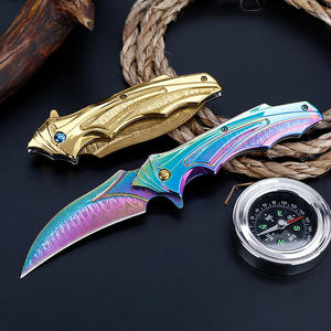 Cuchillo de rescate azul y arcoíris brillante, cuchillo de bolsillo con revestimiento PVD de titanio recubierto de titanio, hoja afilada de carbono delgada con revestimiento de Ti para Outdo - Product Image 5