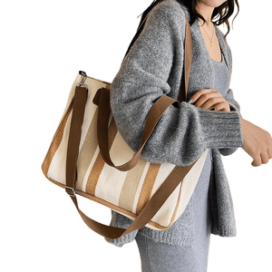 Sacs fourre-tout en toile personnalisés à rayures, grande capacité, broderie de lettres, fermeture éclair, pour femmes, vente en gros - Product Image 4