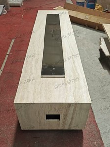 SH STONE Customized Modern Super White Travertine <strong>Outdoor</strong> Fireplace Patio Heater Propane Tank Cover Natural Gas <strong>Fire</strong> <strong>Pit</strong> <strong>Table</strong> - Product Image 2