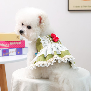 Nueva ropa de otoño/invierno para perros pequeños y cachorros, vestidos cálidos y cómodos de encaje verde rosa. - Product Image 1