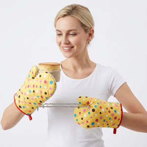 Yellow Dotted Cotton Oven Mitts with Heat Insulation for Safe Baking and Cooking - Product Image 1