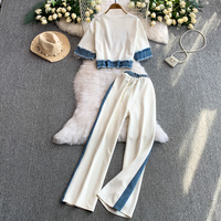 Ensemble 2 pièces pour femme, haut à manches courtes en denim patchwork et pantalon large à taille haute, pour le printemps et l'été