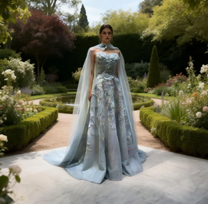 Vestido de Noche Azul Cielo con Adornos Florales y Capa Fluida, Vestido para Invitadas de Boda - Product Image 1
