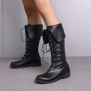 Black Genuine Leather Lace-up Round Toe Flat Knee High <b>Boots</b> with Rubber Outsole and Anti-Slip Feature Drop Shipping - Product Image 3