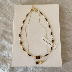 Collar de Moda para Mujer, Estilo Vintage, Cadena para Clavícula de Doble Capa, Chapado en Oro Real, con Colgante de Piedra de Ojo de Tigre Natural - Product Image 3