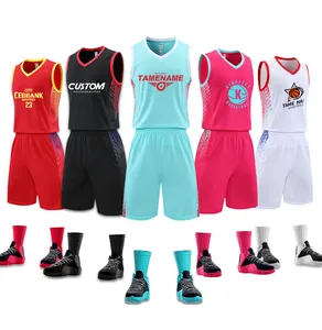 Sublimasi disesuaikan Jersey basket seragam desain warna merah muda putih hitam merah set seragam basket untuk pria LQ842