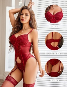 Ensembles de lingerie sexy pour femmes, body en maille transparente et dentelle, col en V, à bretelles, tenue de performance - Product Image 4