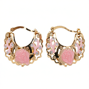 Orecchini a cerchio placcati in oro con strass di cristallo a forma di fiore rosa per le donne, gioielli alla moda per feste - Product Image 1