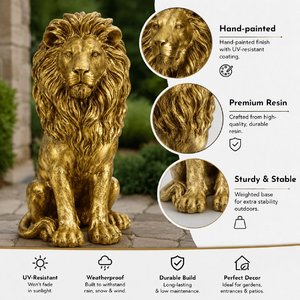 Statua da Giardino di Leone Seduto da 24 Pollici, Scultura di Leone in Resina Resistente alle Intemperie con Criniera per Decorazione di Ingressi, Cortili e Prati - Product Image 3