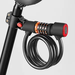 Kunci kabel sepeda 5 Dight, kunci kombinasi dengan lampu belakang tipe-c pengisian MTB jalan kota lima digit kode kunci lampu belakang