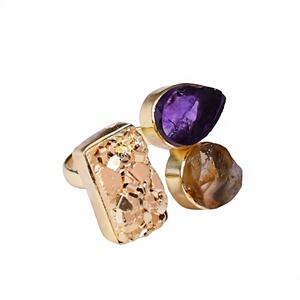 Geometric <b>Cocktail</b> <b>Ring</b> <b>Gold</b> Plated Raw Amethyst And Citrine Bezel Setting Bohemia Style Unisex Everyday Wear - Product Image 1