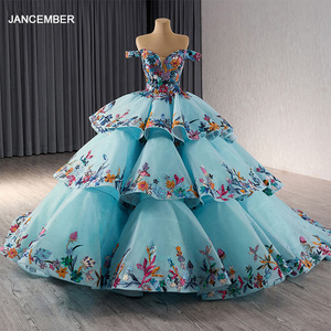 Robe de soirée délicate bleue à épaules dénudées, style A-line, avec sequins, appliques colorées, perles et volants, col en V RSM241095 - Product Image 1