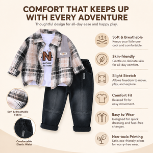 Conjunto de 3 Piezas para Niños: Camisa a Cuadros, Camiseta y Pantalones de Mezclilla, Atuendo Casual Infantil, Camisa de Manga Larga a Cuadros, Traje de Jeans, OEM, ODM, Venta al Por Mayor - Product Image 3