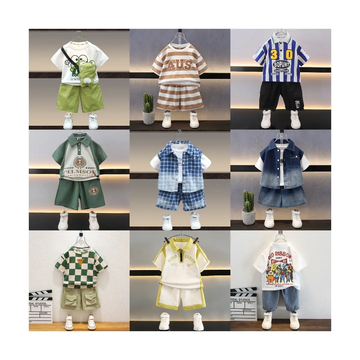 Plaid style Summer Children's Clothing Sets Different Design Boy Clothing Sets 2pcs T-shirt kids clothes Set