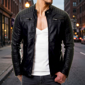 Chaqueta de Motociclista de Cuero PU para Hombre, Cuello Alto, Cierre de Cremallera, Corte Ajustado, Estilo Motero, para Otoño - Product Image 2