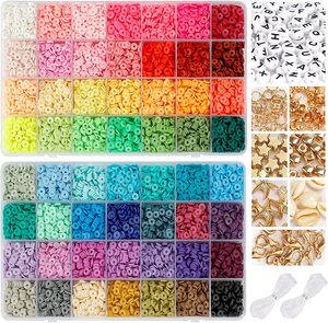 DR-NY 7200 Pcs Kids DIY Clay Beads Bracelet Making Kit Neutral Colors 6mm Flat Polymer Beads for Jewelry Making