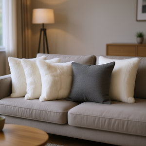 Ensemble de housses de coussin en fausse fourrure blanche et patchwork de cuir de vachette, 45 cm, élégantes, avec coussins texturés gris pour l'intérieur - Product Image 2