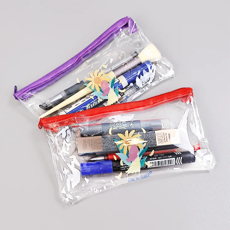 Bolsas de lápices de gran capacidad transparentes de PVC de alta calidad con cremallera de tela colorida bolsa de almacenamiento de papelería para estudiantes