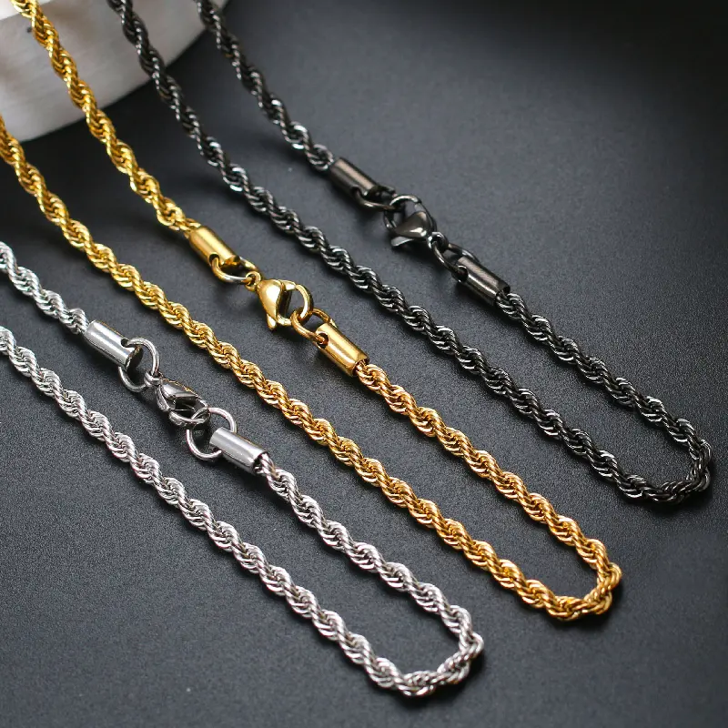 Fashion New Punk 3mm Thick Rope Chain 18K Gold Necklace For Men Stainless Steel