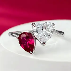 Anelli in argento Sterling 925 con doppia pietra CZ Cubic Zirconia taglio a pera e fede nuziale con taglio a cuore per le donne