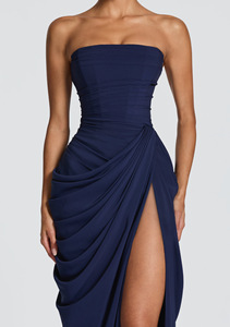 Elegante Vestido de Noche Formal, Vestido Largo sin Tirantes con Cintura Fruncida y Abertura Alta, Vestido Maxi para Fiesta de Verano con Lazos en la Espalda - Product Image 4