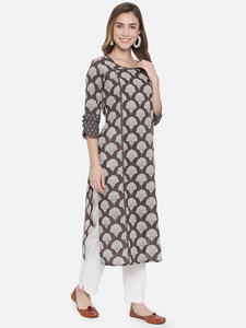 Ensemble Kurti pour femmes en coton écologique vintage imprimé à la main, manches trois quarts, col rond, coupe ample, robe décontractée pour tous les jours - Product Image 4