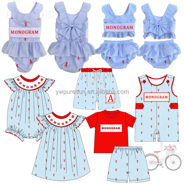 Smocked summer monogram children outfits lobster embroidery seersucker fabric ruffles siblings set kids clothing baby clothes