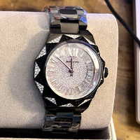 Jam Tangan Bentuk Bintang Hitam Dial Bertabur Berlian Penuh Penanda Romawi Tali Baja Tahan Karat Berkilau Hip Hop Unisex Quartz