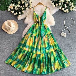 <span class=keywords><strong>Vestido</strong></span> Maxi Romántico Casual de Verano con Estampado Floral, Cuello en V, Tirantes Finos, Espalda Descubierta, Cintura Ajustada y Volantes - Product Image 6