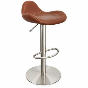 Modern Brown <b>Leather</b> Adjustable Height <b>Bar</b> <b>Stool</b> with Stainless Steel Base and Footrest - Product Image 1