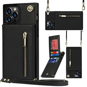 Capa de couro crossbody com alça de ombro para o iphone 14/15 Pro Plus Max Bolsa com pulseira e zíper Carteira com cordão