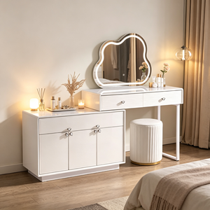 Coiffeuse moderne blanche avec miroir LED Cloud, meuble de rangement et tabouret pour chambre à coucher - Product Image 1