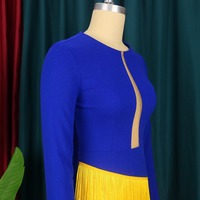 Magnifique robe de bal midi pour femme, style grec Sigma Gamma Rho, bleu roi et or, manches longues, col en V, 100 % polyester, style élégant