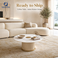 Table basse ronde avec plateau en pierre frittée, piétement cannelé en PU et anneau en acier inoxydable doré, fabrication Foshan, vente en gros OEM