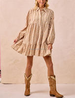 Robe chemise vintage à rayures et imprimé floral pour femme, col à revers, manches longues, à volants, poches latérales, coupe ample, décontractée, mini, grande taille, tunique