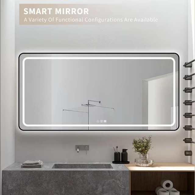 ODM/OEM Modern Salon Hotel Bathroom Rectangle Aluminum Alloy Black Frame Anti-Fog Smart Led Wall-Mounted Touch Bath Vanity